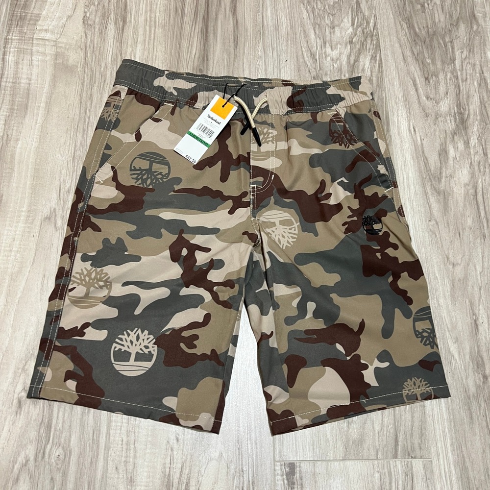 Timberland Boys Swim Trunks L 14-16 Camo Brown Gray Stretch Board Shorts